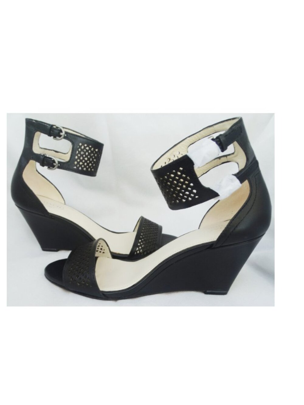 NEW COACH Gabbie 8B Vachetta Leather Black Heels 3" Ankle Strap Wedge sandals